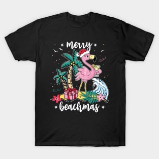 Funny Christmas Flamingo Merry Beachmas Womens T-Shirt